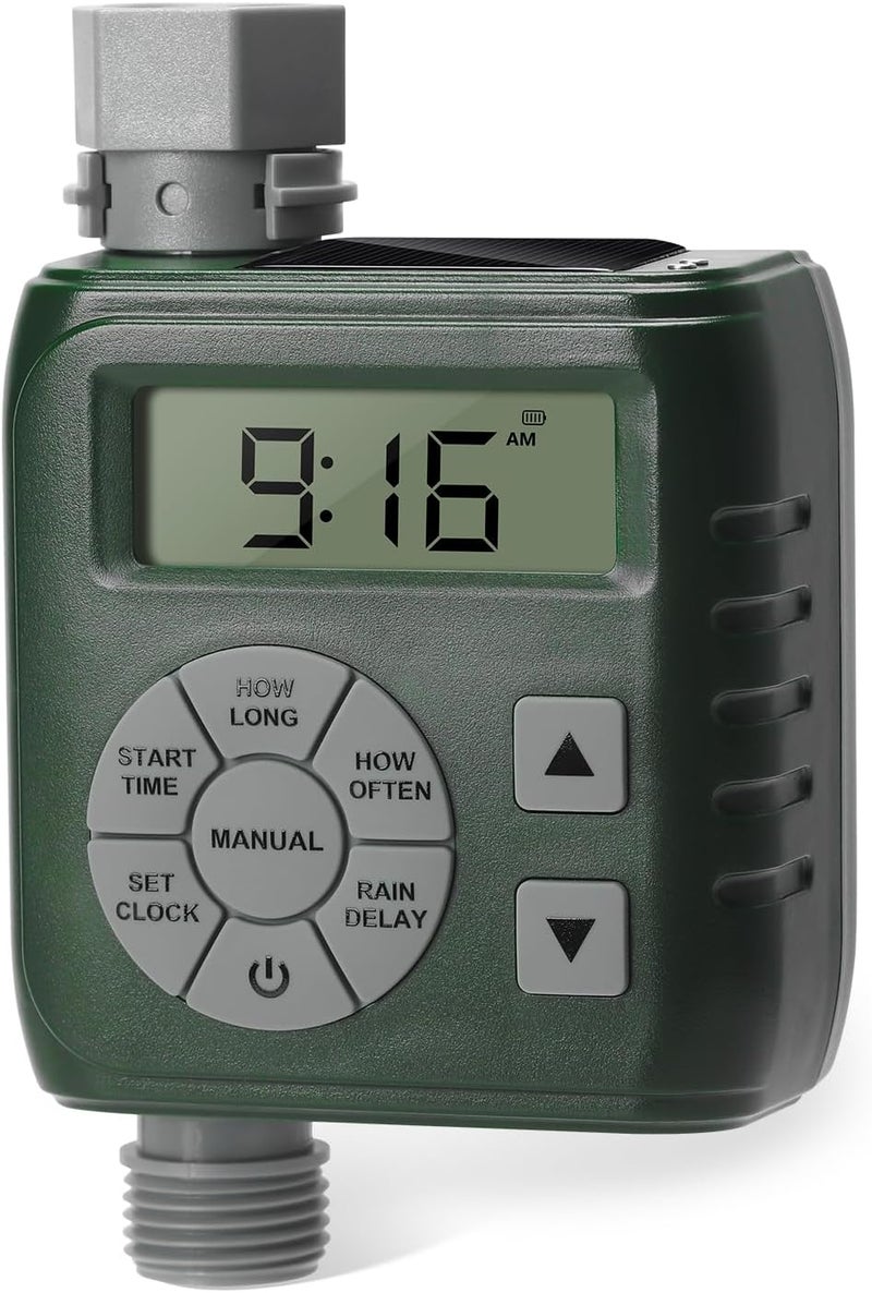 Zuomeng Sprinkler Timer, Programmable Irrigation Water Timer for Garden Hose, Solar/Battery Dual Power & Professional Leak-Proof Design, Rain Delay/Auto/Manual Watering System, Green - Image 1